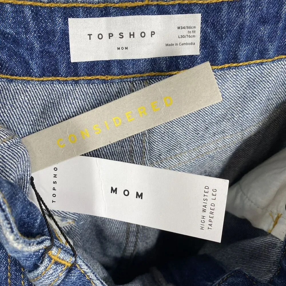 New Topshop Mom Jeans High Waisted Tapered Leg‎ Medium Wash Blue Size 34 US 12